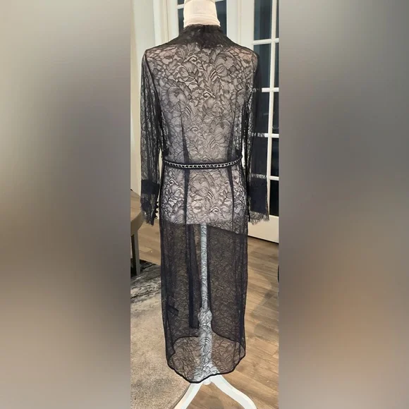 NWT Rebecca Taylor Navy Blue Lace Duster Cardigan with Silver Chain Belt